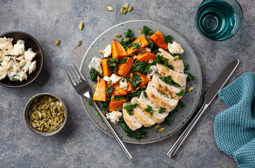 chicken breast with sweet potato, blue cheese and kale. healthy lunch