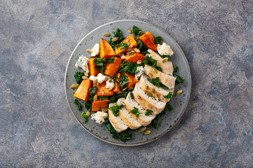 chicken breast with sweet potato, blue cheese and kale. healthy lunch