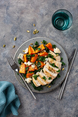 chicken breast with sweet potato, blue cheese and kale. healthy lunch