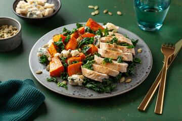 chicken breast with sweet potato, blue cheese and kale. healthy lunch