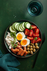 healthy keto diet breakfast lunch egg feta cheese tomato sausage olive