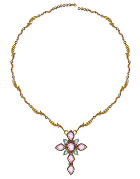 Jewelry design fancy cross set with gems necklace. Hand drawing and painting on paper.