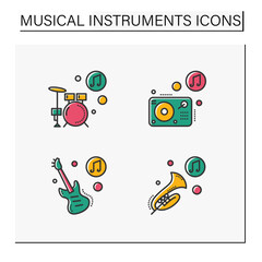 Musical instrument color icons set. Drum kit, turntablism, bass guitar and trumpet. Classical, ethnic and modern music. Music from different countries. 3d vector illustrations