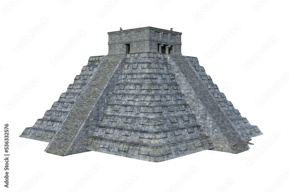 Poster ancient mayan pyramid temple construction. 3d rendering isolated.