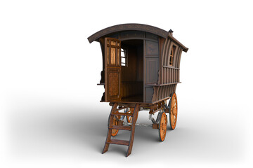 Vintage wooden Romany gypsy caravan parked with open door. 3D render isolated. - obrazy, fototapety, plakaty