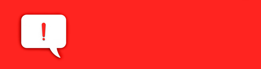 Red exclamation mark on a white message board. Alarm signal in the phone. Danger alert. Message on a red background. Horizontal image. Banner for insertion into site. 3D image. 3D rendering.