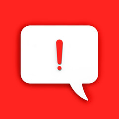 Red exclamation mark on a white message board. Alarm signal in the phone. Danger alert. Message on a red background. Square image. 3D image. 3D rendering.