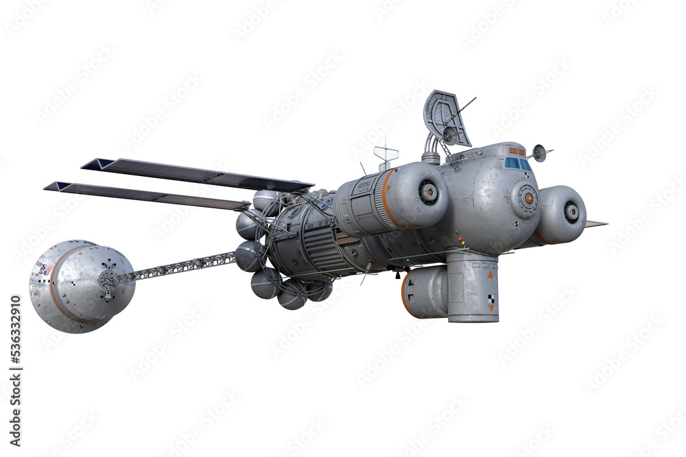 Poster fantasy futuristic star ship viewed from lower angle. 3d rendering isolated.