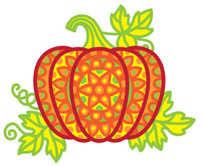 Vector illustration. Bright Halloween pumpkin in mandala style with detailed patterns