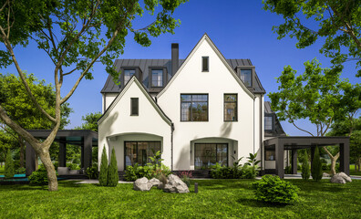 3d rendering of cute cozy white and black modern Tudor style house with parking  and pool for sale or rent with beautiful landscaping. Fairy roofs. Clear sunny summer day with blue sky.