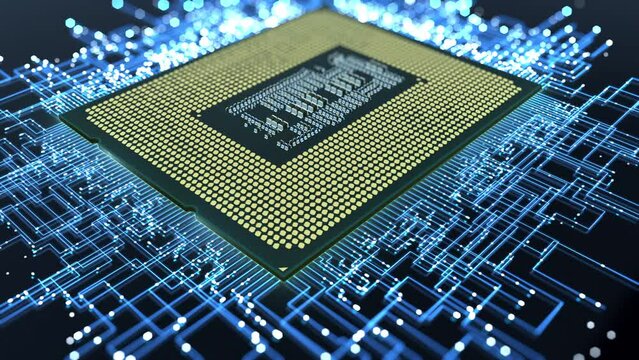 A computer processor with millions of connections and signals. Technology cpu background. Pulses and signals from the chip propagate through the motherboard.