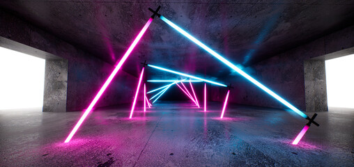 Sci-fi neon lamps in a dark tunnel. Reflections on the floor and walls. Empty background in the center. 3d rendering image.