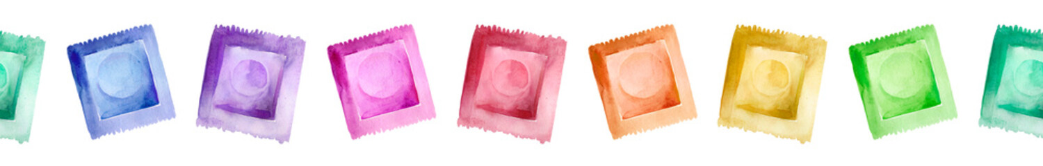 A rainbow of colored watercolor condoms, isolated on a white background.