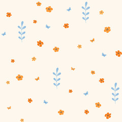 Seamless pattern with wildflowers grass leaves and butterflies. Blue orange beige. Floral pattern for ribbon, stripes, paper, fabric.
