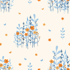 Seamless pattern with wildflowers grass leaves and butterflies. Blue orange beige. Floral pattern for ribbon, stripes, paper, fabric.