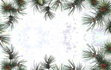 frame of pine branches on a background of snow, Christmas decorations