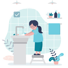 Little girl washing hands with soap in bathroom. Child observes hand hygiene to prevent spread of germs. Kid washes dirty hands in foam. Disinfection protects against bacteria.