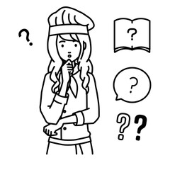 立って手をあごにあてて疑問を感じている調理師の女性 クエスチョンマークのセット