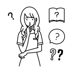 立って手をあごにあてて疑問を感じているエステ店員・受付・接客係の女性 クエスチョンマークのセット