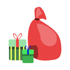 illustration vector christmas sack with gifts for kids, red santa claus sack