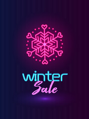 Winter sale banner with neon pink snowflake on dark blue background.