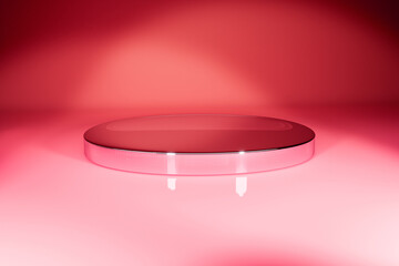 Shiny red coloured chrome product stage template against swooped background
