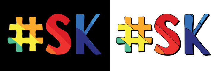 Hashtag #SK. Set 2 in 1. Bright funny cartoon color doodle isolated text. Hashtag #SK is abbreviation for the Canadian Saskatchewan for print, social network, advertising banner.