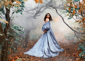 Queen woman walks in mystical autumn misty forest. Orange foliage gothic trees mist smoke. Hair...