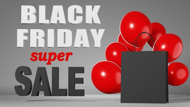Black friday sale 3d animation Blank shopping bag branding mockup red balloons background. Black shopper template. Shop discount promo banner design. Best price offer Gift purchase delivery packaging