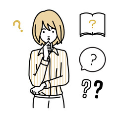 立って手をあごにあてて疑問を感じているブラウスの女性 クエスチョンマークのセット