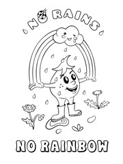 No Rains No Rainbow. Groovy Hippie Retro 70s Poster. Positive saying with happy onion character holding rainbow, smiling cloud and flowers. Black and White. Colored page background. Transparent PNG 