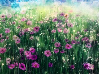 Fototapeta na wymiar Colorful flower field, ink illustration