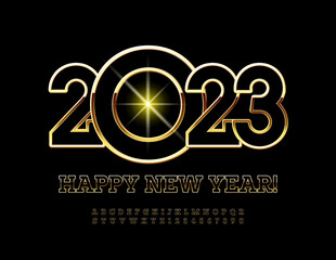 Vector stylish Greeting Card Happy New Year 2023! Elite modern Font. Luxury Alphabet Letters and Numbers set