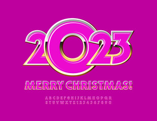 Vector glamorous Greeting Card Merry Christmas 2023! Pink and Golden Font. Creative Alphabet Letters and Numbers