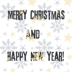 congratulatory inscription happy new year and Christmas on a background with snowflakes.
