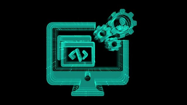 Digital Animation of Software Development icon. Concept of Porgramming Code. Developing Futuristic e-Commerce App with Machine Learning.