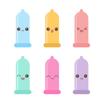 Cute cartoon condoms with kawaii emoji. Vector illustration isolated on white background