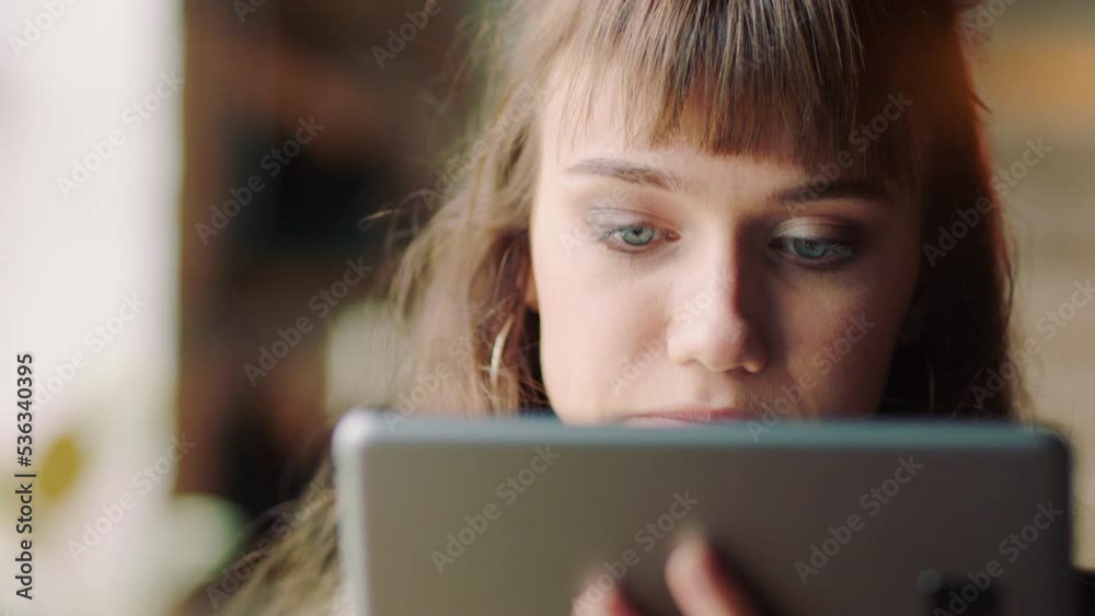 Poster coffee, tablet and creative employee on the internet while planning a marketing project at work. fac