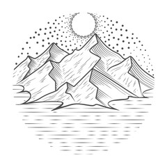 Vector illustration of a mountain with pine forest. hand drawn mountains and nature, for travel and adventure