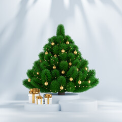 Christmas background with podium for visualization. Green spruce tree with gold toys and gifts. Fir plant for decoration. 3d illustration.