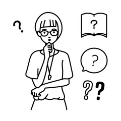 立って手をあごにあてて疑問を感じている教師の女性 クエスチョンマークのセット