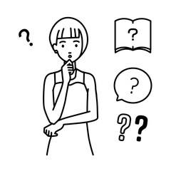 立って手をあごにあてて疑問を感じているドレスの女性 クエスチョンマークのセット