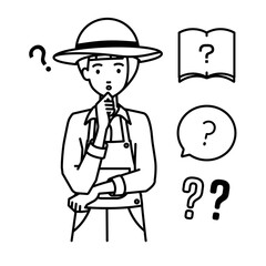 立って手をあごにあてて疑問を感じている農家の女性 クエスチョンマークのセット