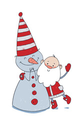 A cute Christmas gnome with a red striped cap is hugging a snowman. Template for Christmas and New Year card in flat cartoon children's style. A little Santa Claus.