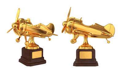 Set of golden trophies airplane on a white background, 3d render © salamahin