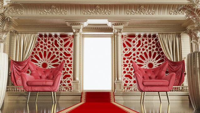 red carpet between 2 red armchair leading to an open shaining door with arabesque style, 3D render