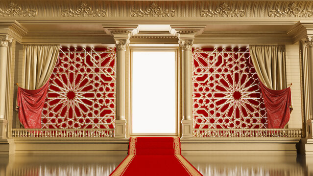 red carpet leading to an open shaining door with arabesque style, 3D render