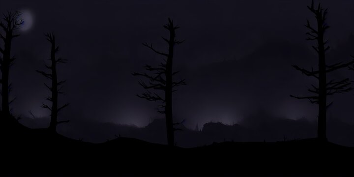 Very dark black mountain forest at night. Halloween spooky horror woods with no lights and stormy sky above. Image silhouette illustration with no moon and stars on the sky.. High quality Illustration