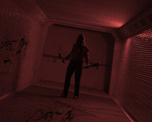 3d illustration of a masked serial killer or crazed murderer holding an axe and a club in a tunnel