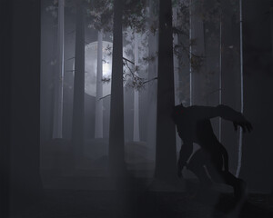 3d illustration of a Werewolf Dogman cryptid on the prowl in a foggy forest